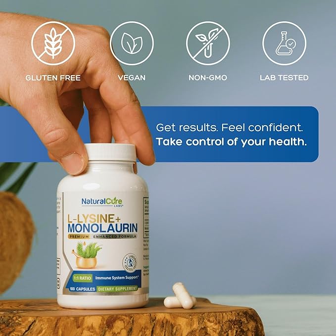 L-Lysine + Monolaurin 600mg 1:1 Ratio, 2 Pack, 200 Capsules