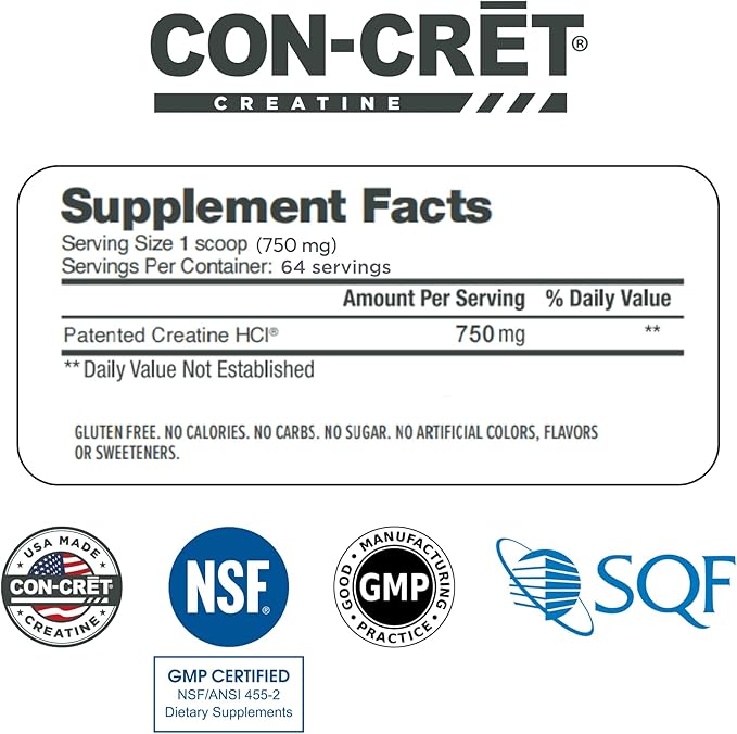 CON-CRET Creatine HCl Powder | Muscle, Cognitive, Cellular Energy Support | No Bloating or Cramps | USA Made & NSF Certified | Unflavored (64 Serving)