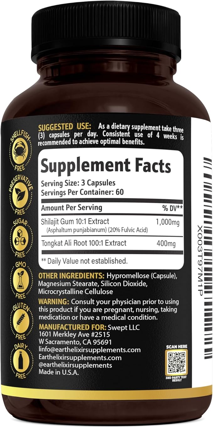 Shilajit 1000mg & Tongkat Ali 400mg (180 Capsules) Made in USA-Shilajit Supplement (20% Fulvic Acid) Shilajit Pure Himalayan Organic & Tongkat Ali for Men More Potent Than Shilajit Resin