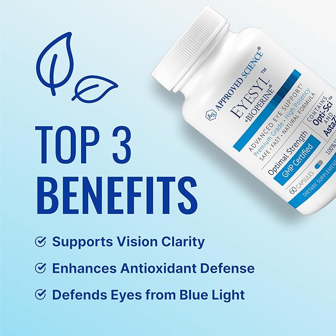 Approved Science EyeSyl - Eye Support Supplement - Chromium Picolinate, Taurine, Lutein, Zeaxanthin, Bilberry, BioPerine - 1 Month Supply - 60 Capsules - Made in The USA
