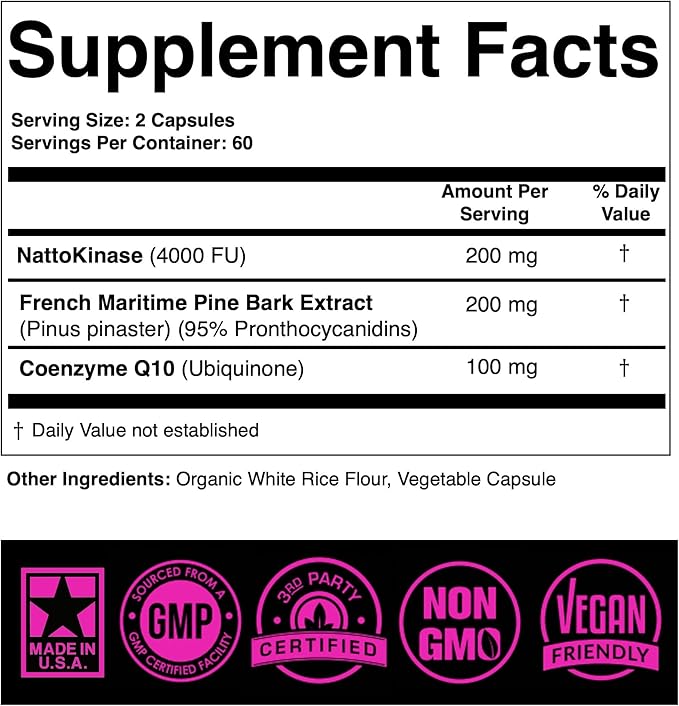 Nattokinase Supplement 4000 FU CoQ10 100mg French Maritime Pine Bark Extract 200mg with Enzymes for Circulatory & Cardiovascular Support (Pack of 1 at 120-Caps)