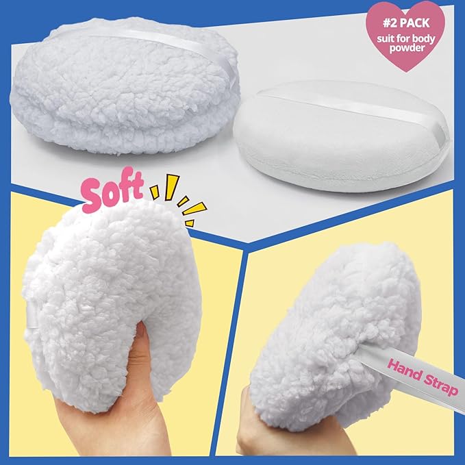 2pcs Powder Puffs, 6'' Powder Puff for Body and 5'' Dusting Powder Puff and Container, Extra Large, Fluffy Soft, Reusable&Washable