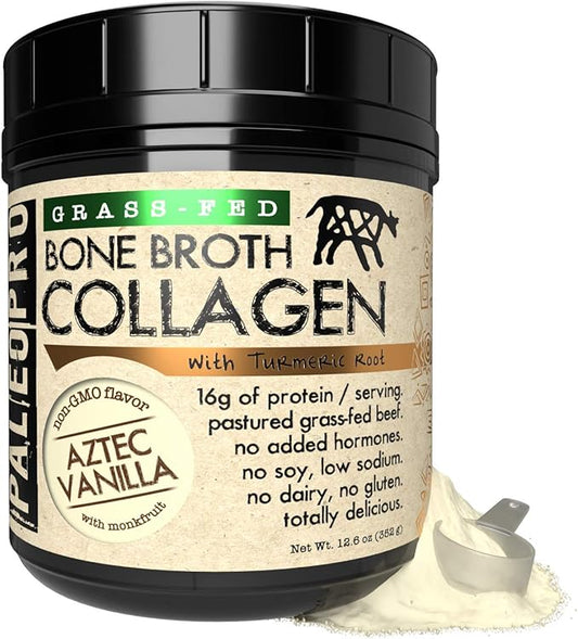 PaleoPro Bone Broth Collagen Protein Powder - Turmeric Root Grass-Fed Collagen Powder for Skin & Bones - Gluten Free, No Sugar, Soy, Grains, Net Carbs - Paleo Keto Friendly 20 Servings Ancient Vanilla