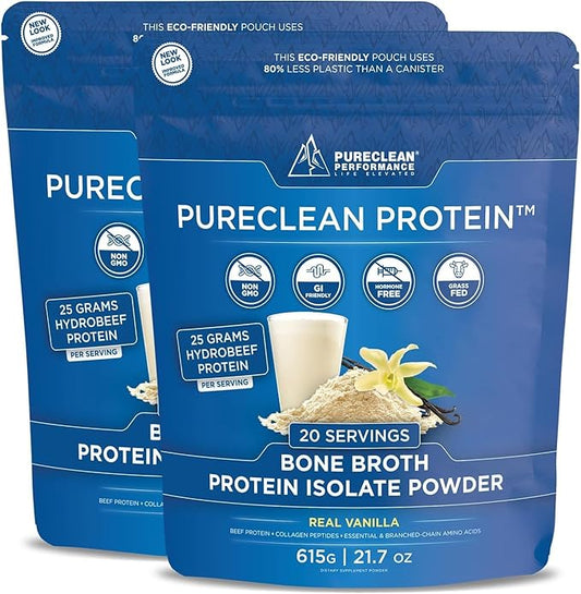 PureClean Protein 25G Organic Grass Fed Beef Bone Broth Protein from Swedish Cattle - Paleo & Keto-Friendly, Gluten-Free, Sugar-Free, Dairy-Free - Enhanced with Collagen Peptides - (40 Servings)
