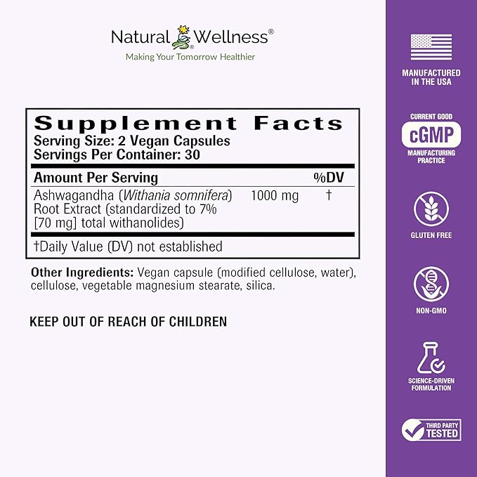 Natural Wellness Ashwagandha Root Extract 1000 mg – Supports Stress Relief, Mood, Sleep, and Energy – 60 Vegan Capsules, 30-Day Supply