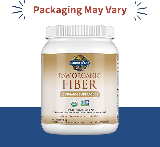 Garden of Life Raw Organic Fiber Powder, 30 Servings, 15 Organic Superfoods, Probiotics, Omega-3 ALA, 4g Soluble Fiber, 5g Insoluble for Regularity, Psyllium Husk Free