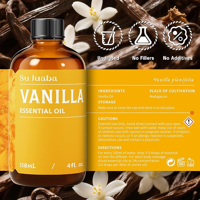 SU JUABA Vanilla Essential Oil 4 Fl Oz, 100% Natural Aromatherapy Oil for Diffuser, Skin,Fragrance Candle,Soap Making - 118ML