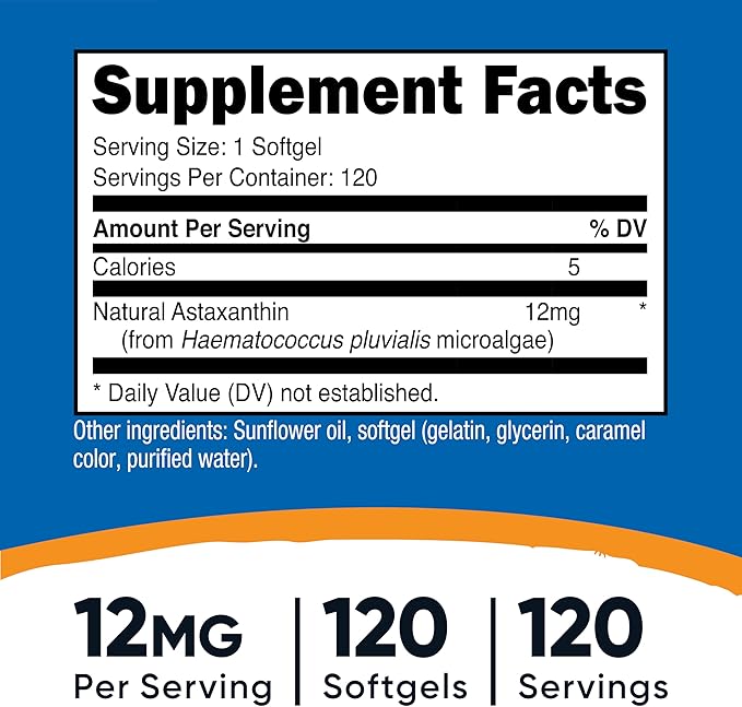 Nutricost Astaxanthin 12mg, Non-GMO and Gluten Free, 120 Softgels (4 Month Supply)
