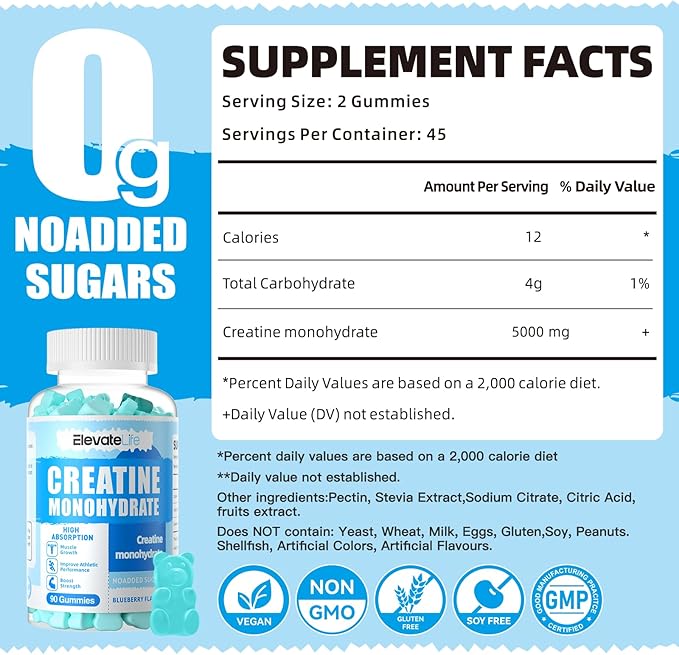 ElevateLife Creatine Monohydrate Gummies 5000mg for Men & Women, Chewables Creatine Monohydrate for Muscle Strength, Muscle Builder, Energy Boost, Pre-Workout Supplement-180 Blueberry Gummies