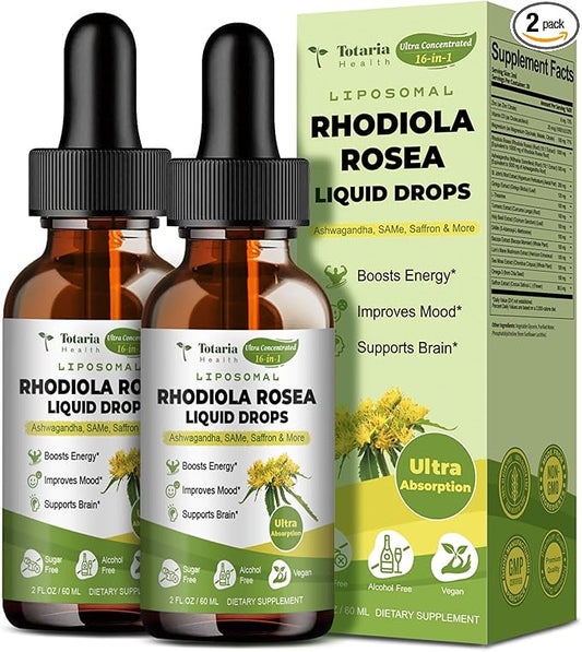 Liposomal Rhodiola Rosea Tincture, Ultra Strength Rhodiola Supplement with Ashwagandha, Saffron, Magnesium, SAM-e, Rhodiola Rosea Extract Liquid Drops for Natural Relaxation, Mood, Energy, Pack of 2