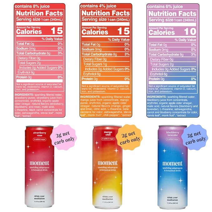 Moment Botanical Soda Soft Drink (Shark Tank) - SPARKLING Drinks | Fruity Fun | L-Theanine & Ashwagandha for Calm & Clarity | 0 Added Sugar 0 Caffeine | 12-pack