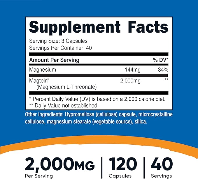 Nutricost Magnesium L-Threonate As Magtein 2000mg, 120 Capsules - Non-GMO, Gluten Free, Vegetarian Friendly