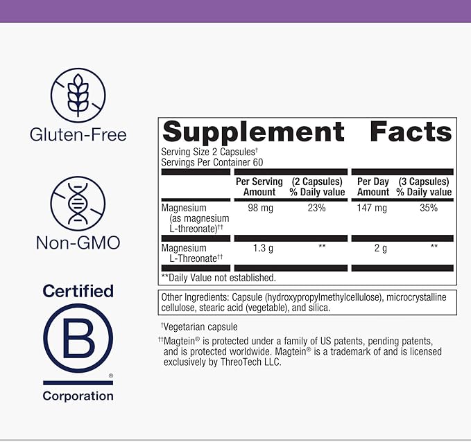 Metagenics Magnesium L-Threonate - 147 mg Magnesium as L-Threonate - Magtein Magnesium - for Brain Health* - Mineral Supplement - Non-GMO & Gluten-Free - 120 Capsules