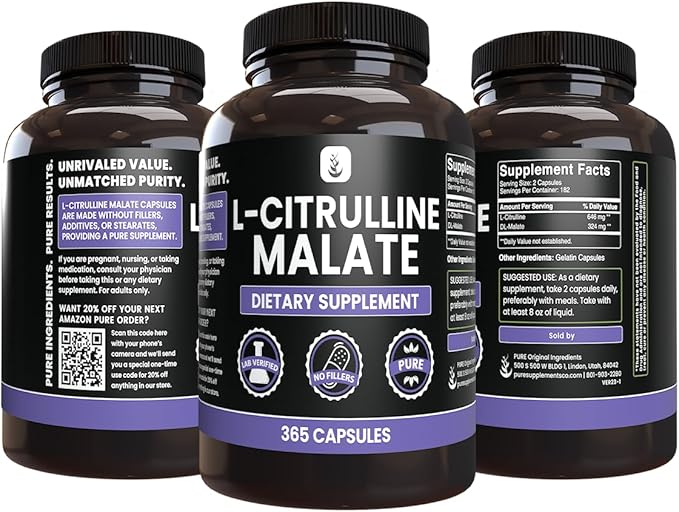 PURE ORIGINAL INGREDIENTS L-Citrulline DL-Malate 2:1 (365 Capsules) No Magnesium Or Rice Fillers, Always Pure, Lab Verified