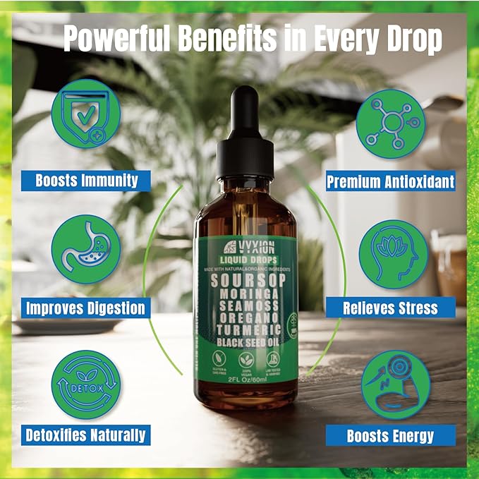 Soursop Pure Liquid Drops 10 in 1 with Sea Moss, Moringa, Turmeric, Black Seed Oil, Oregano, Ashwagandha | Herbal extracts for Overall Health-Enhancing | Vegan, Non-GMO | 4 Fl Oz
