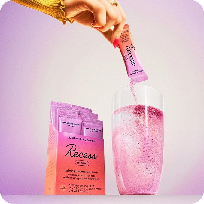 Recess Mood Powder, Calming Magnesium L-Threonate Blend with Passion Flower, L-Theanine, Electrolytes, Magnesium Calm Support Supplement - Gradient Berry Pack of 10