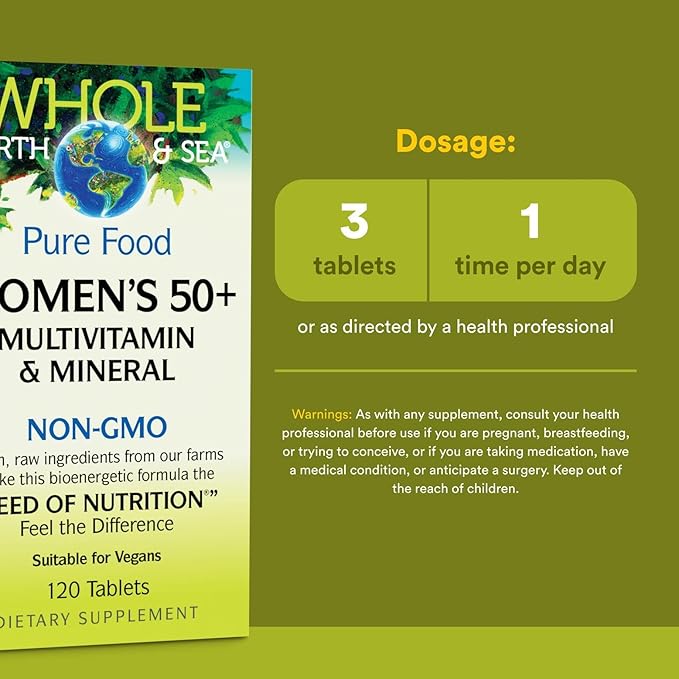 Natural Factors Whole Earth & Sea Women's 50+ Multivitamin & Mineral, 1 Serving Contains Nutrition Equivalent to ½ lb of Veggies, 120 Tablets