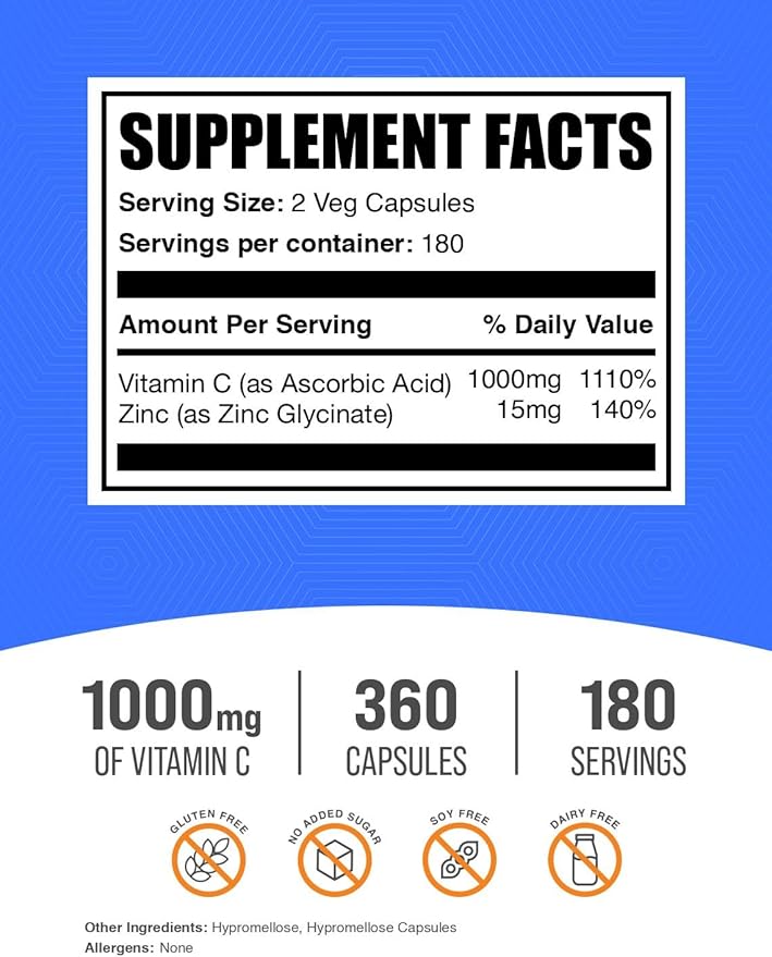BulkSupplements.com Vitamin C with Zinc Capsules - Vitamin C 1000mg & Zinc 15mg, for Immune Support - Vegan, 2 Capsules per Serving, 360 Veg Count (Pack of 1)