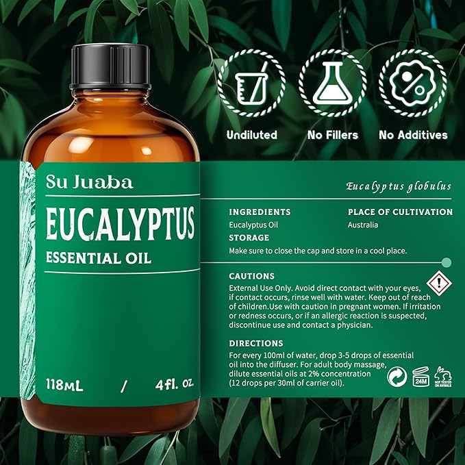 SU JUABA Eucalyptus Essential Oil 4 Fl Oz, 100% Pure Natural for Hair Care, Diffuser, Skin Care,Shower, Aromatherapy- 118ML