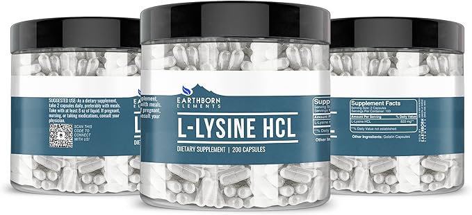 Earthborn Elements L-Lysine HCL 200 Capsules, Pure & Undiluted, No Additives
