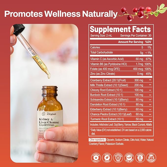 Kidney Cleanse Drops with Cranberry Extract, Milk Thistle, Chanca Piedra & Artichoke - Herbal Supplement for Liver Kidney Detox & Urinary Tract Support, 60ml
