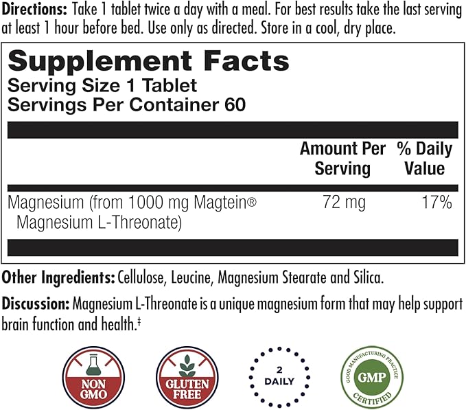 KAL Think Magnesium L-Threonate 2000 mg | Learning, Brain Health & Memory Function Support w/Magtein | Vegan, No Gluten & Non-GMO | 60 Tablets