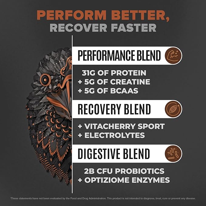 Falcon Performance Vegan Protein Powder, 31g Protein, 5g Creatine, 5g BCAA, Probiotics, Electrolytes, Pre Workout, Low Carb, Sugar Free & Dairy Free, Plant Based Chocolate Protein -19 servings
