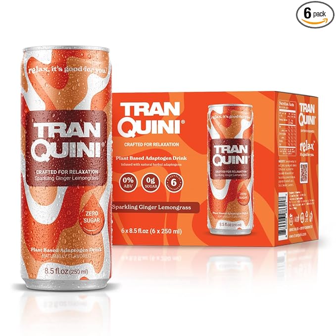 Tranquini Calming Drink With Herbal Adaptogens | Sparkling Water Stress Relief Beverage | Sugar Free, Non Alcoholic, Gluten Free, Vegan - 250ml Ginger Lemongrass (6 cans)