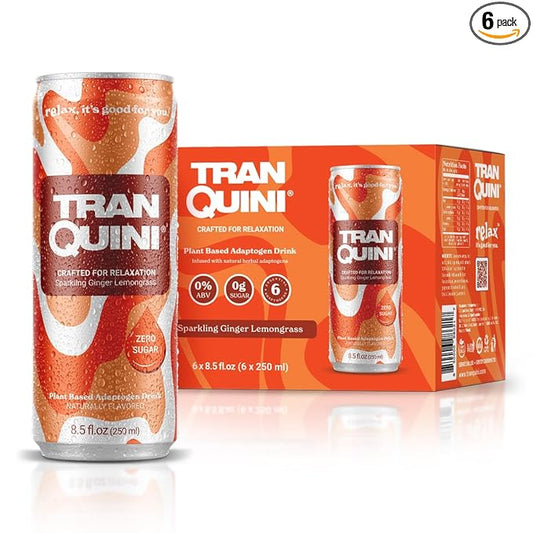 Tranquini Calming Drink With Herbal Adaptogens | Sparkling Water Stress Relief Beverage | Sugar Free, Non Alcoholic, Gluten Free, Vegan - 250ml Ginger Lemongrass (6 cans)