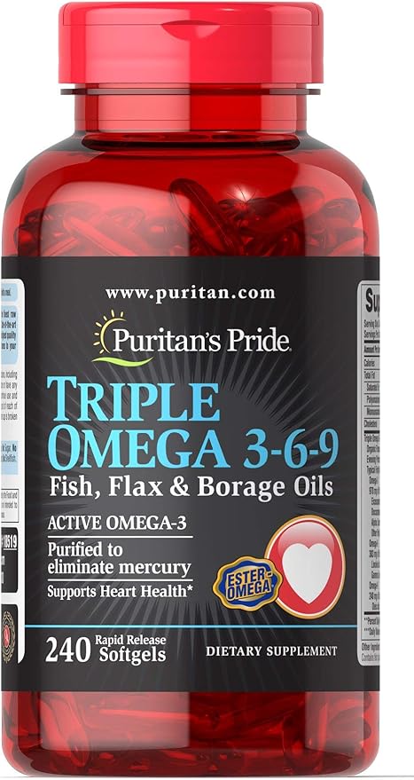 Puritan's Pride Premium Triple Active Omega 3-6-9 Fish, Flax, and Borage Oils, Dietary Supplement for Heart, Joint, and Cellular Health Support, 240 Rapid Release Softgels