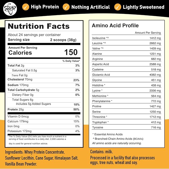 Vanilla Whey Protein Powder 2lb - No Artificial Sweeteners, All Natural Ingredients, Undenatured, No Stevia, Non GMO - 25g Protein for Women & Men Shakes, Smoothies - Aids Muscle Gain