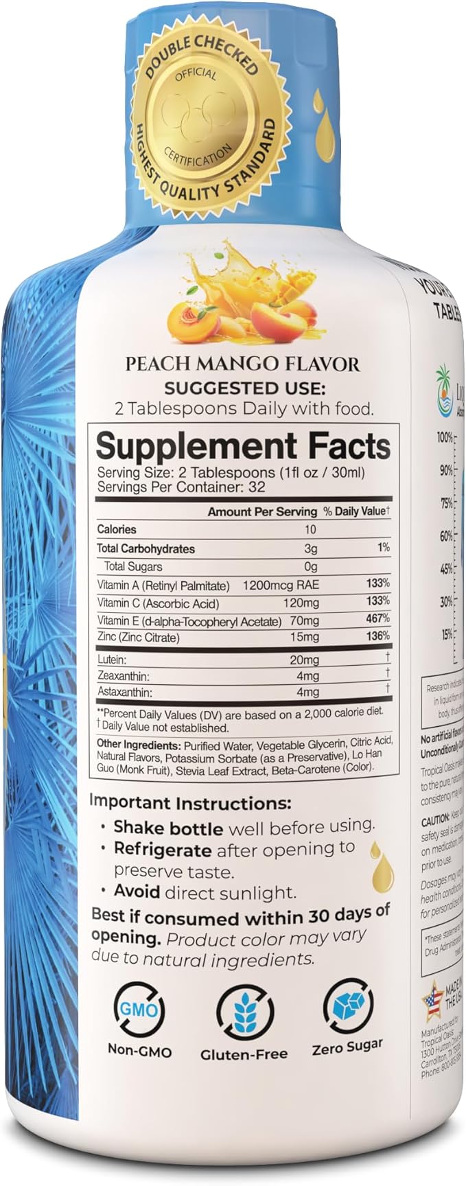 Liquid 20/20 Vision - Eye Vitamin Formula w/20mg Lutein, 4mg Zeaxanthin, 4mg Astaxanthin for Vision Support –Max Absorption- Great Taste & No Pills to Swallow– 32 Serv, 32oz