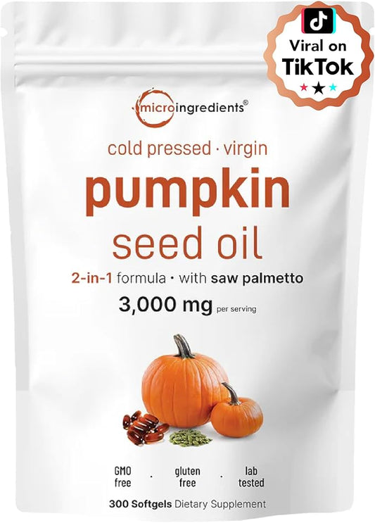 Pumpkin Seed Oil with Saw Palmetto, 3000mg Per Serving, 300 Softgels | Cold Pressed, Pure Virgin Oil, Essential Fatty Acids & Phytosterols | Supports Hair, Urinary, Bladder & Prostate Health | Non-GMO