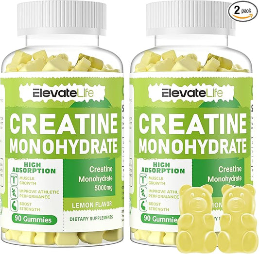 ElevateLife Creatine Monohydrate Gummies 5g for Men Women - Sugar Free Chewable Supplement. 180 Gummies Lemon