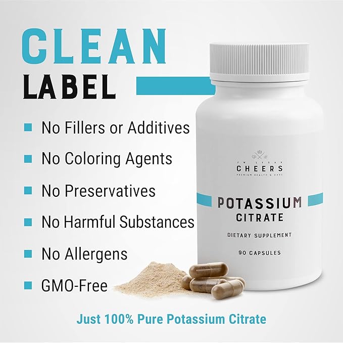 Cheers Potassium Citrate, 20% Daily Value, 316 mg per Capsule, 90 Capsules, Vegan Potassium Supplement for Adults, Natural Mineral Electrolyte - Pack of 2