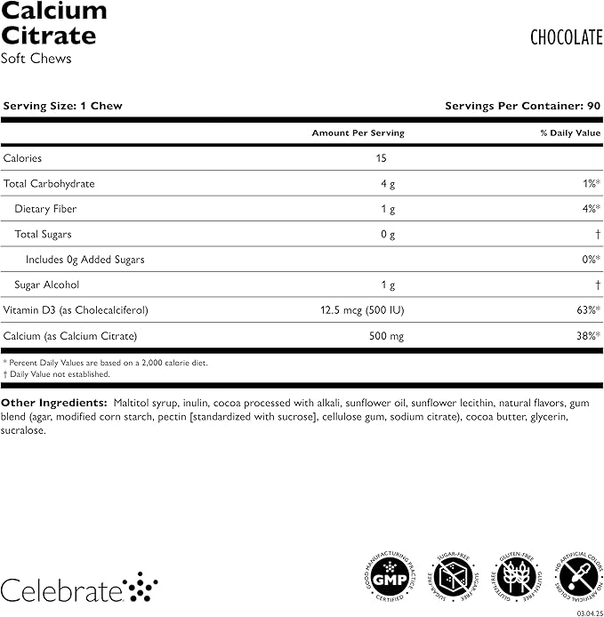 Celebrate Vitamins Bariatric 500mg Calcium Citrate Soft Chews with 500 IU Vitamin D3 – Essential for Gastric Bypass Patients & Bone Health - Sugar & Gluten Free, Chocolate (90 Chews)