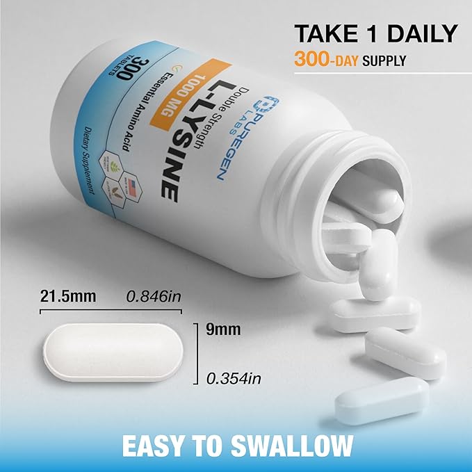 Puregen Labs L-Lysine Extra Strength 1000 MG per Tablet - 300 Servings | High Potency, Immune and Collagen Synthesis Support, Non-GMO, NO Gluten and Dairy - 300 Tablets Made in USA