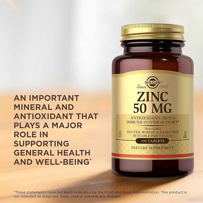 Solgar Zinc 50 mg, 100 Tablets - Zinc for Healthy Skin, Taste & Vision - Immune System & Antioxidant Support - Supports Cell Growth & DNA Formation - Non GMO, Vegan, Gluten Free - 100 Servings