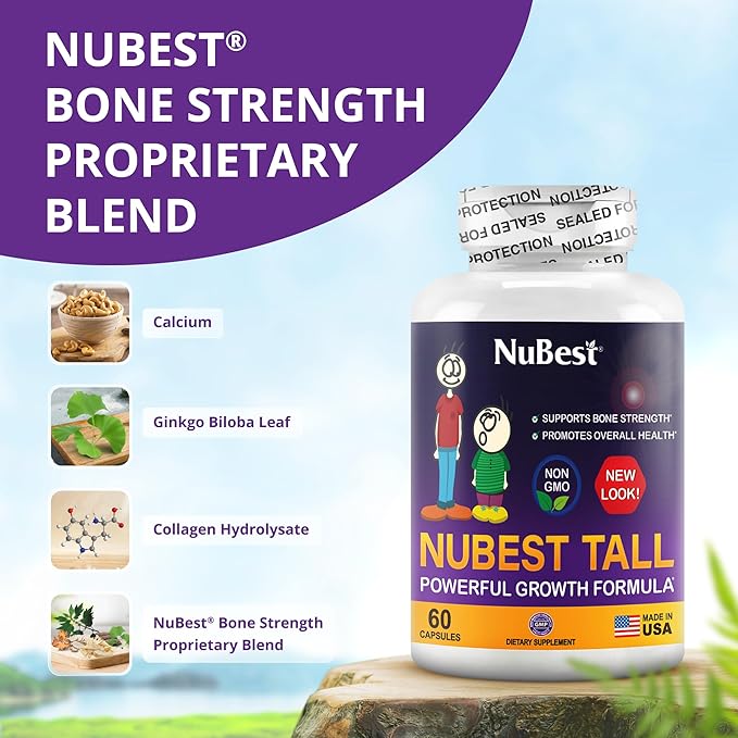 NuBest Tall, Bone Health Supplement - Grow Taller, Strength Increase Formula for Children (5+) & Teens Helps Maximum Bone Health with Calcium, Collagen & Herbs - 6 Pack