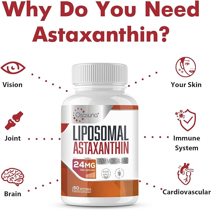 Liposomal Astaxanthin Supplement 24MG, Maximum Absorption, Antioxidant Stronger Than VIT C, Non-GMO & Gluten Free - 120 Softgels(4 Months Supply)
