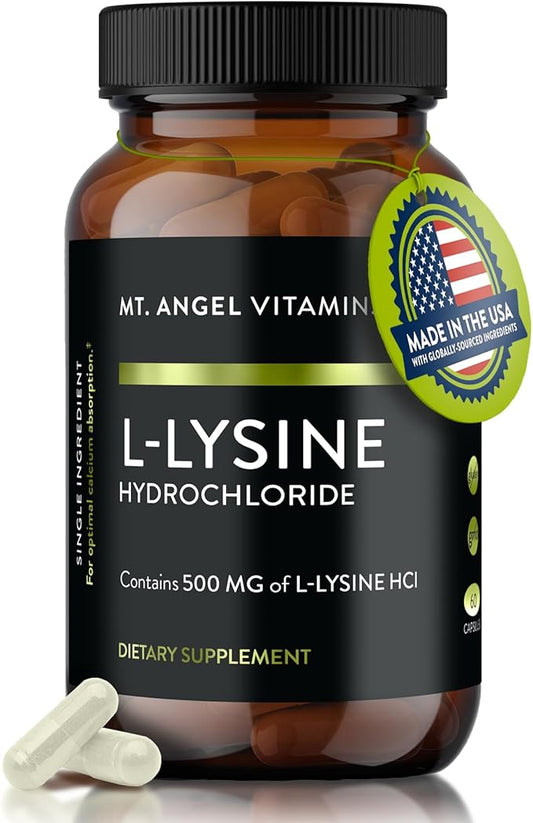 Mt. Angel Vitamins - Premium L-Lysine 500mg Capsules – Vegan-Friendly Essential Amino Acid – Supports Immune System & Collagen Formation – Non-GMO – 60 Capsules