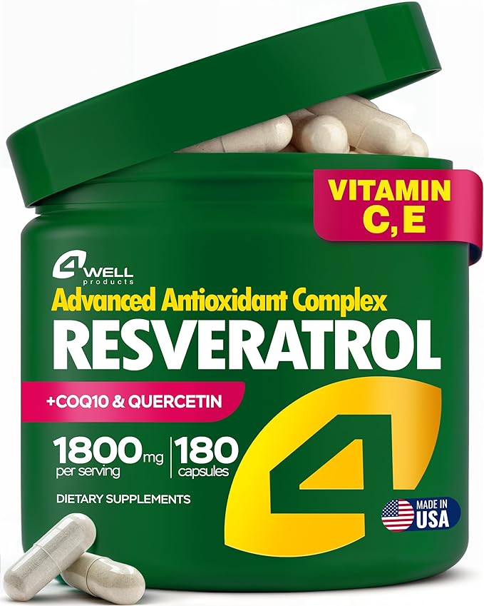 Resveratrol Supplement 1800mg Complex - COQ10, Quercetin, Vitamin E, Vitamin C - Powerful Antioxidant Formula for Enhanced Energy, Heart Health & Healthy-Aging Support Trans Resveratrol 180 Capsules