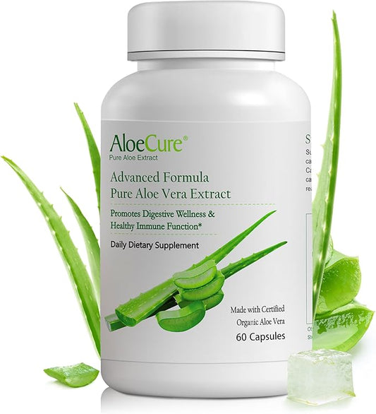 AloeCure Organic Aloe Vera Capsules, 160,000mg Inner Aloe Leaf Equivalent per Serving, Support Gut, Digestive, & Immune Health, Helps Maintain Balanced Stomach Acidity, Aloin Free, 60 Capsules