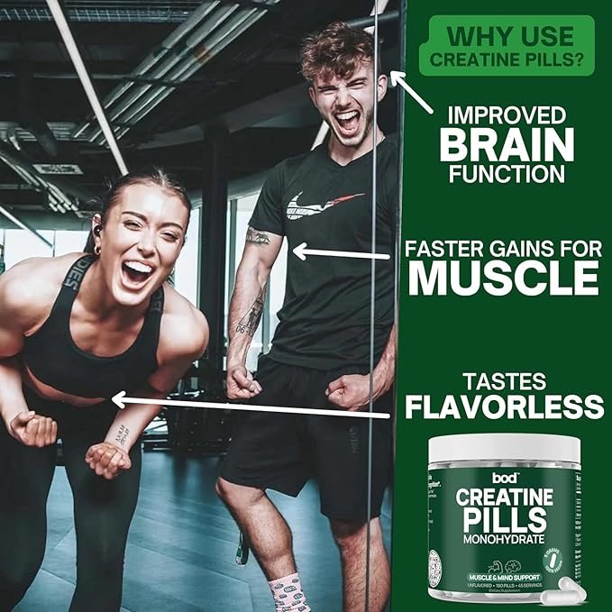 BOD Creatine Monohydrate Pills for Muscle Support, Vegan Pre or Post-Workout Creatine Capsules for Women and Men, 5g Micronized & Instantized, Creatina Monohidratada, 180 Capsules