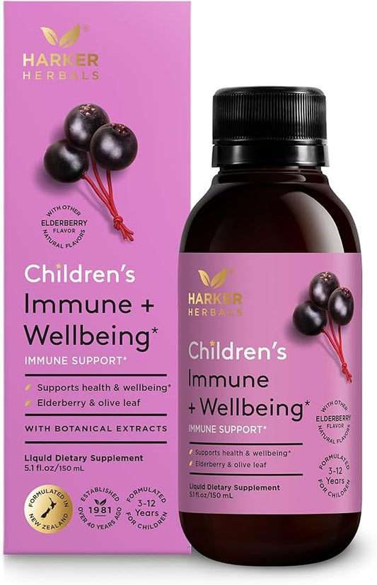 Children’s Immune + Wellbeing Syrup, Liquid Herbal Immune Support for Kids with Echinacea, Elderberry & Olive Leaf, Natural Elderberry Flavor, Plant-Based, Ages 3 to 12, 5.1 fl oz