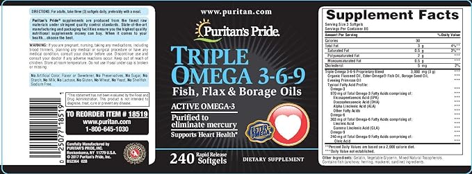 Puritan's Pride Premium Triple Active Omega 3-6-9 Fish, Flax, and Borage Oils, Dietary Supplement for Heart, Joint, and Cellular Health Support, 240 Rapid Release Softgels