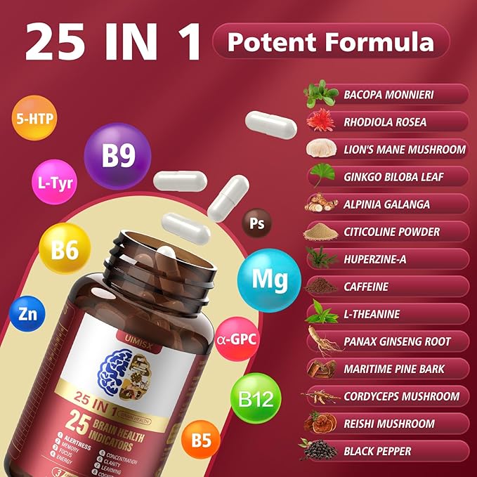 Brain Supplement for Mental Alertness, Memory, Focus & Energy, Alpha GPC, Huperzine-A, L-Tyrosine, Phosphatidylserine, Vitamins B6 B12, High Absorption, 90 Capsules