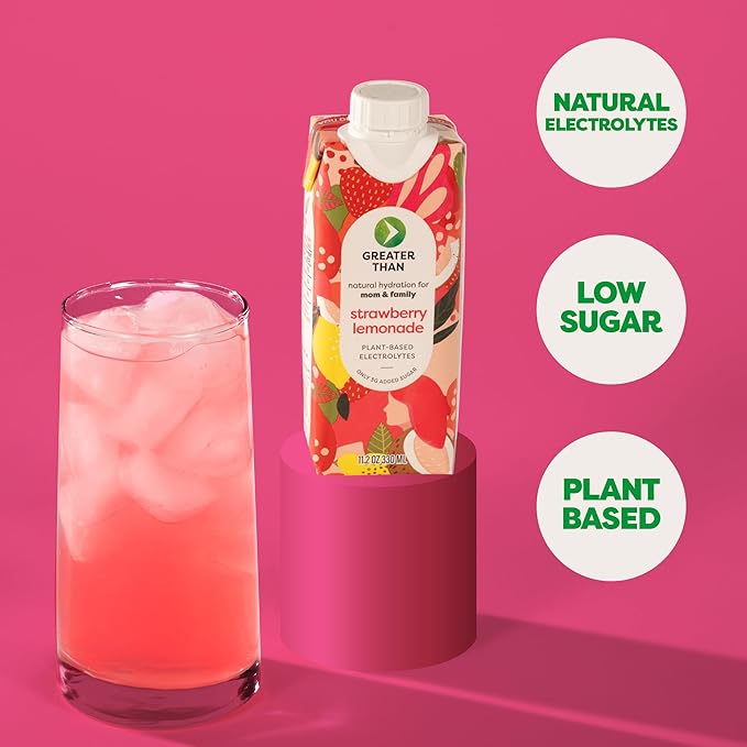 Greater Than Lactation Supplement Support, Coconut Water, Vitamins & Electrolyte Drink for Breastfeeding, Breast Milk & Immune Support, Variety Pack & Strawberry Lemonade (20 Pack)