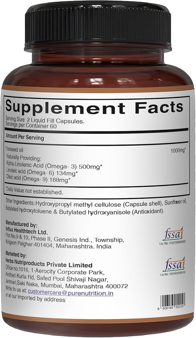 Pure Nutrition Flaxseed Oil 1000mg with Omega 3 6 9 I 120 Veg Caps | Naturally Providing 500mg Alpha-Linolenic, 134 mg Linoleic, and 188mg Oleic Acid.