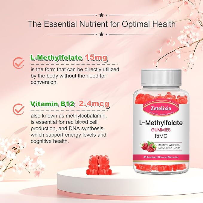 L-Methylfolate 15mg & Methyl B12 Gummies, Folate Supplement for Brain Health, Mood & Immunity, DNA Synthesis & Repair, Sugar Free, Vegan, Raspberry Flavor, 60 Count